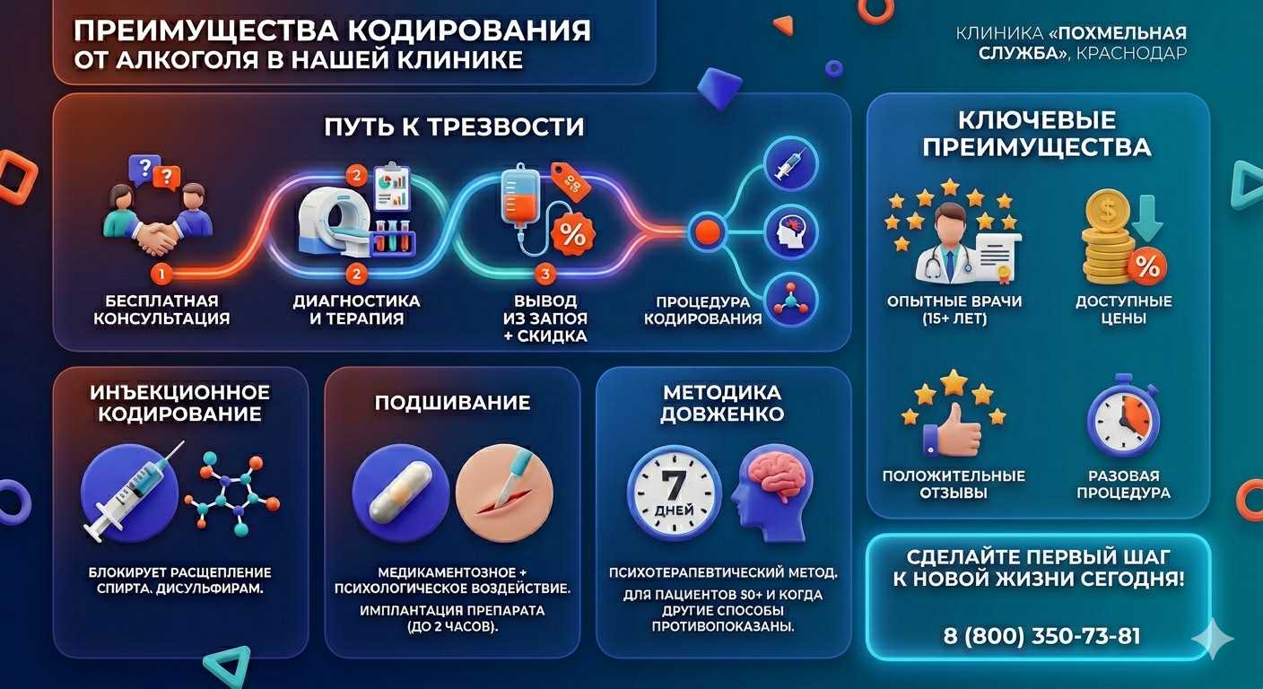 Инфографика о методах кодирования от алкоголя в Акъяре: инъекции, подшивание, метод Довженко. Преимущества клиники и этапы лечения.