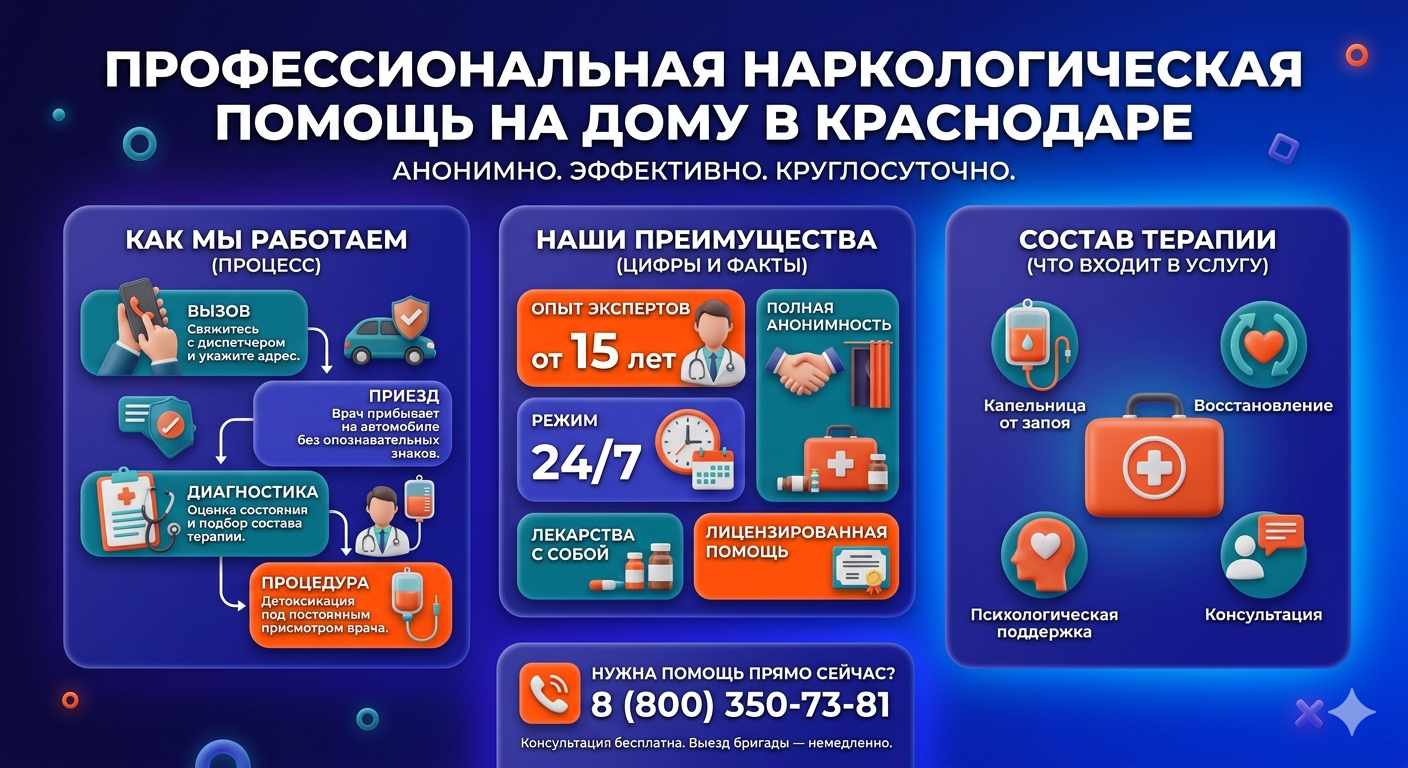 Инфографика о принципах лечения алкоголизма на дому в Акъяре: этапы вызова нарколога, преимущества анонимной детоксикации и состав медицинской помощи.